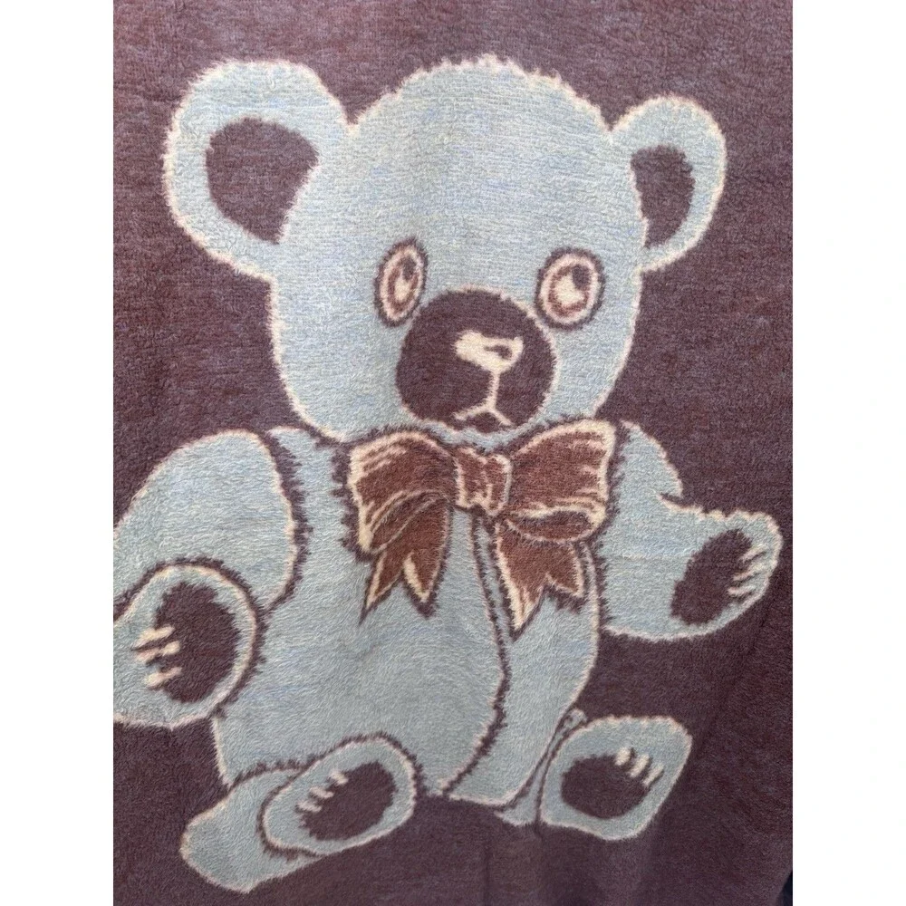 VTG Crown Crafts Vuteks Blue Brown Bear Reversible Throw Blanket 60 x 80 VGC